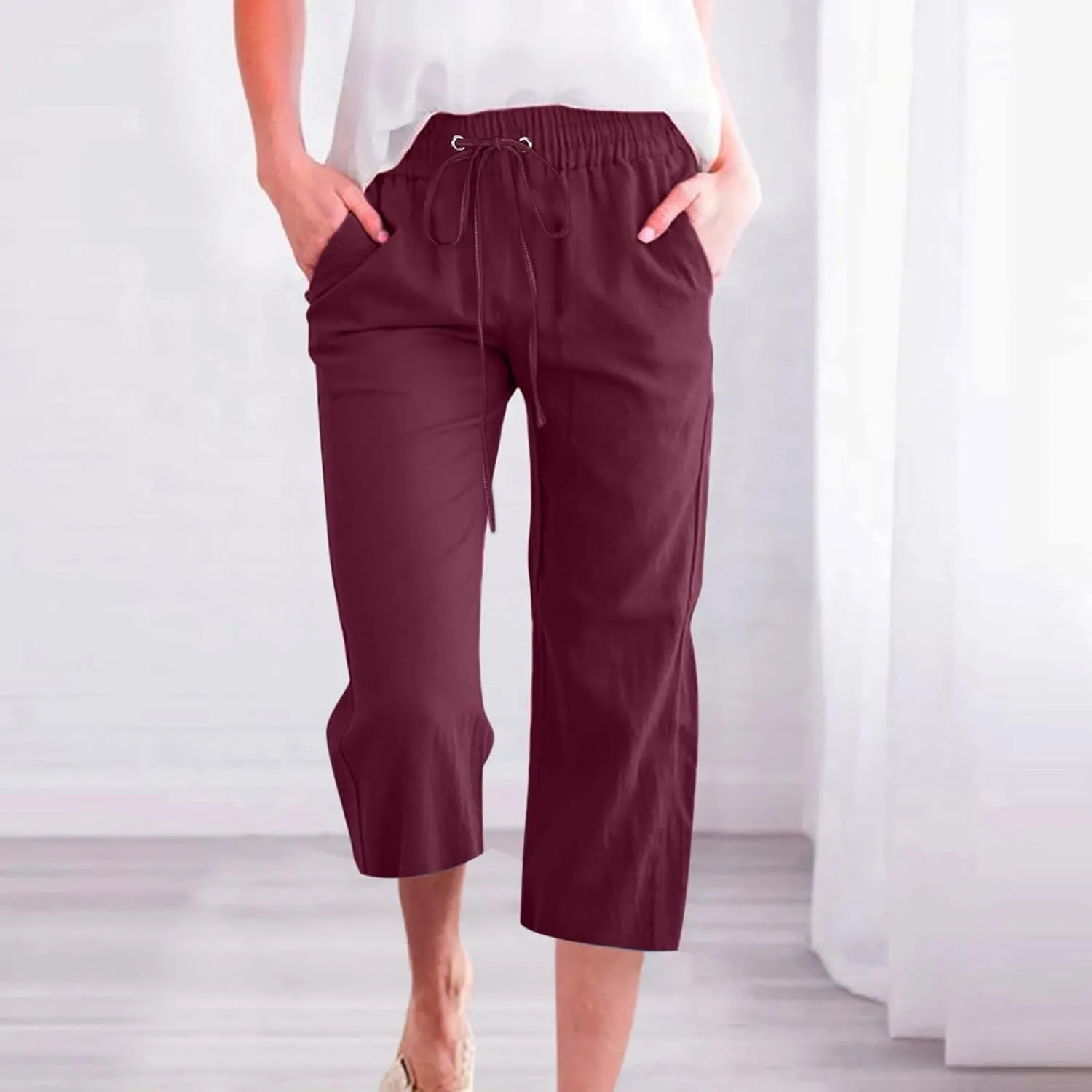 hlysgo Cotton Linen Capri Pants for Women High Waisted Drawstring Casual Capris Summer Loose Comfy Beach Cropped Trouser