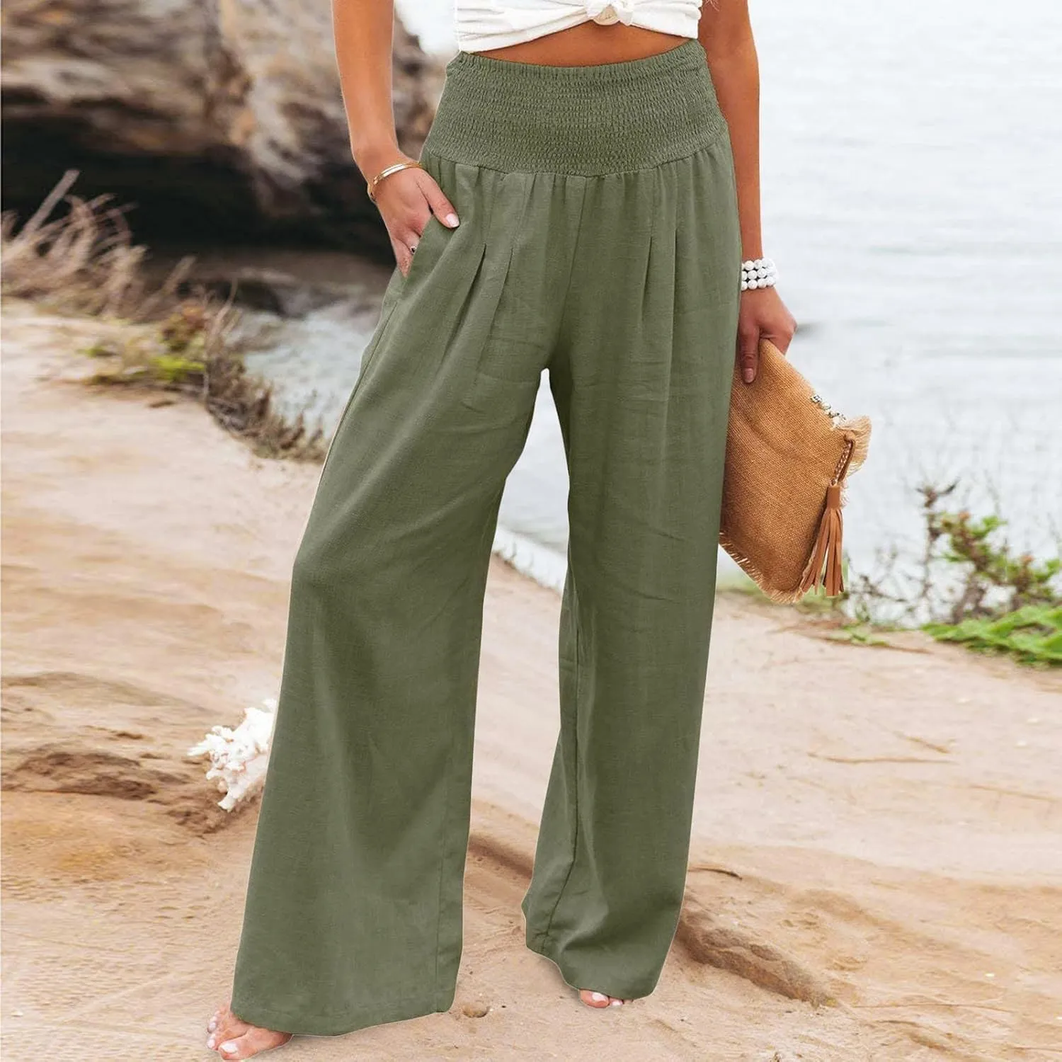 hlysgo Wide Leg Pants Women Smocked Waist Loose Fit Lounge Pants Fashion High Waisted Cotton Linen Straight Trouser Pants