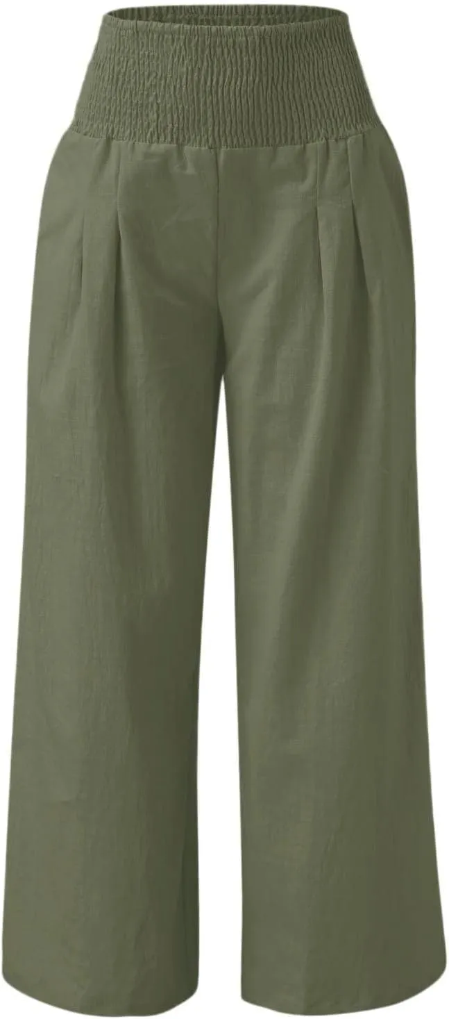 hlysgo Wide Leg Pants Women Smocked Waist Loose Fit Lounge Pants Fashion High Waisted Cotton Linen Straight Trouser Pants