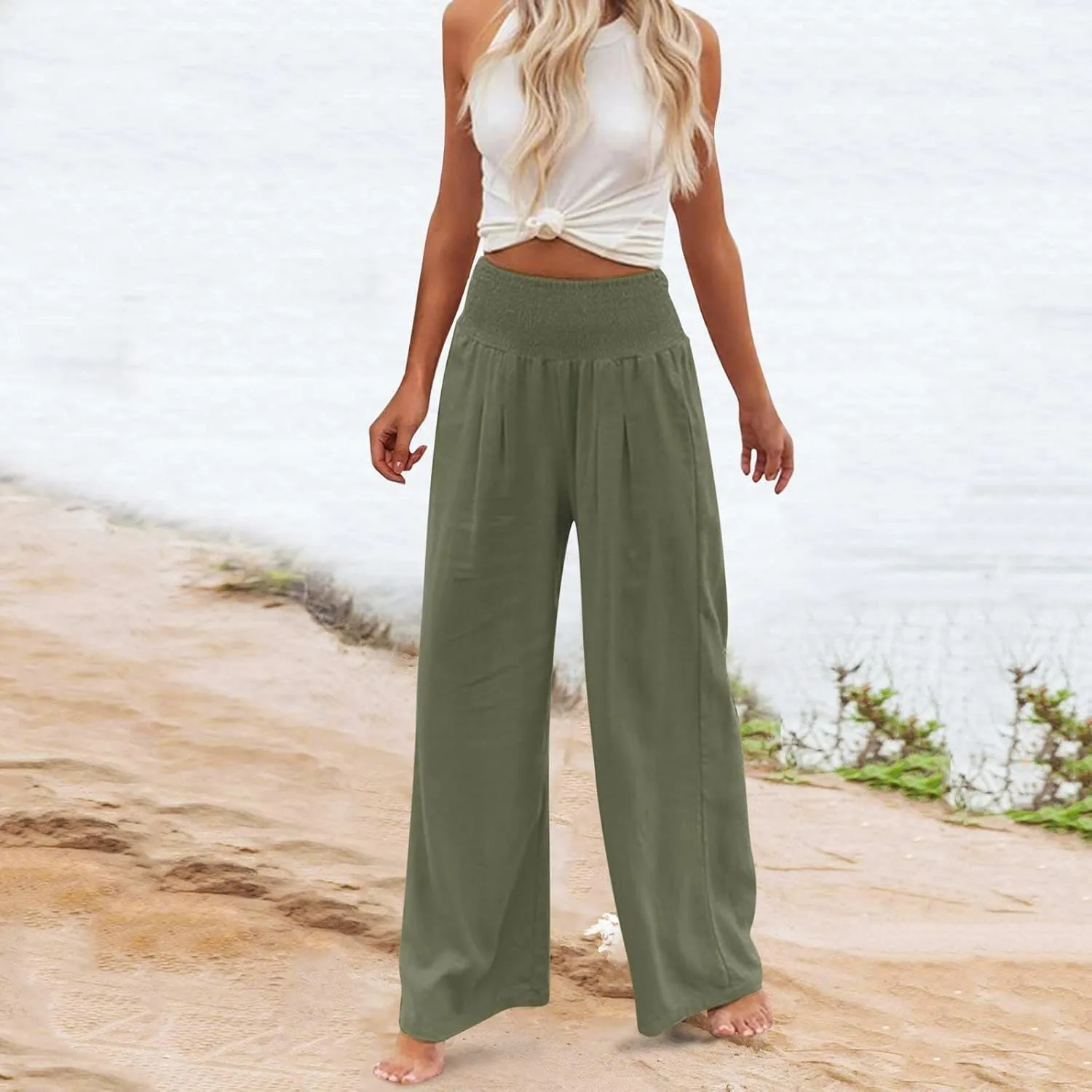 hlysgo Wide Leg Pants Women Smocked Waist Loose Fit Lounge Pants Fashion High Waisted Cotton Linen Straight Trouser Pants