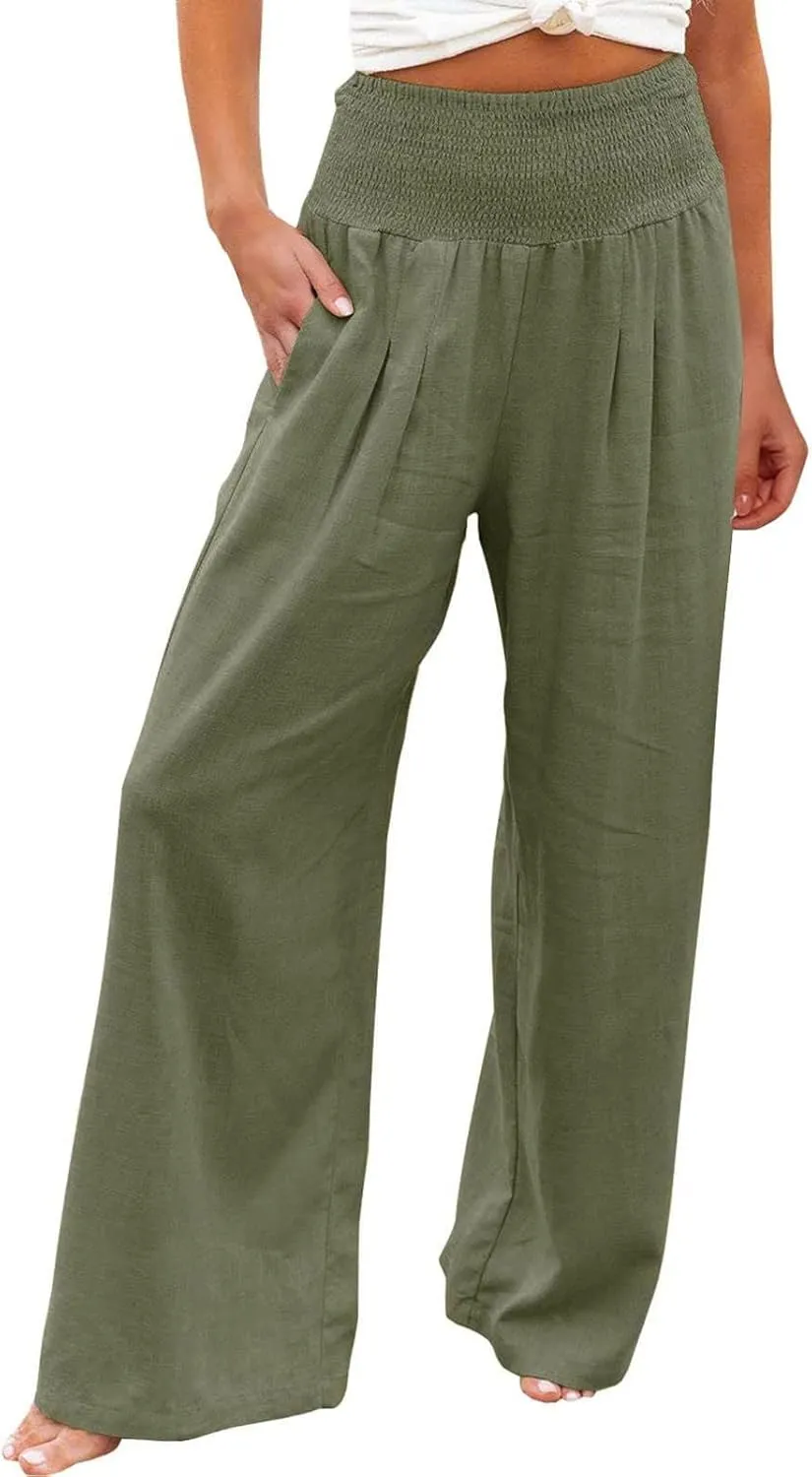 hlysgo Wide Leg Pants Women Smocked Waist Loose Fit Lounge Pants Fashion High Waisted Cotton Linen Straight Trouser Pants