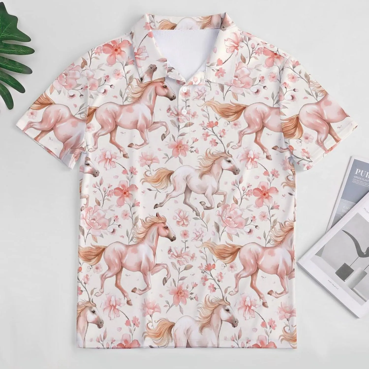 Horses and Flowers Mens Polo Shirts Quick Dry Short Sleeve Golf Slim Fit T Shirt
