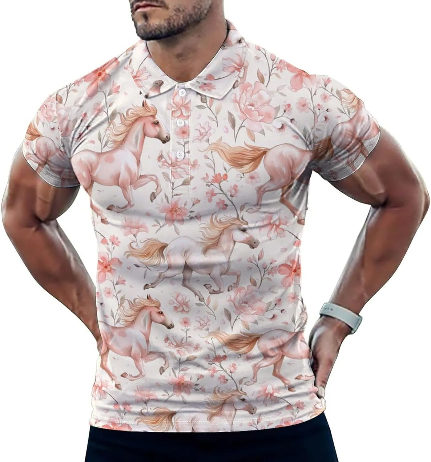 Horses and Flowers Mens Polo Shirts Quick Dry Short Sleeve Golf Slim Fit T Shirt