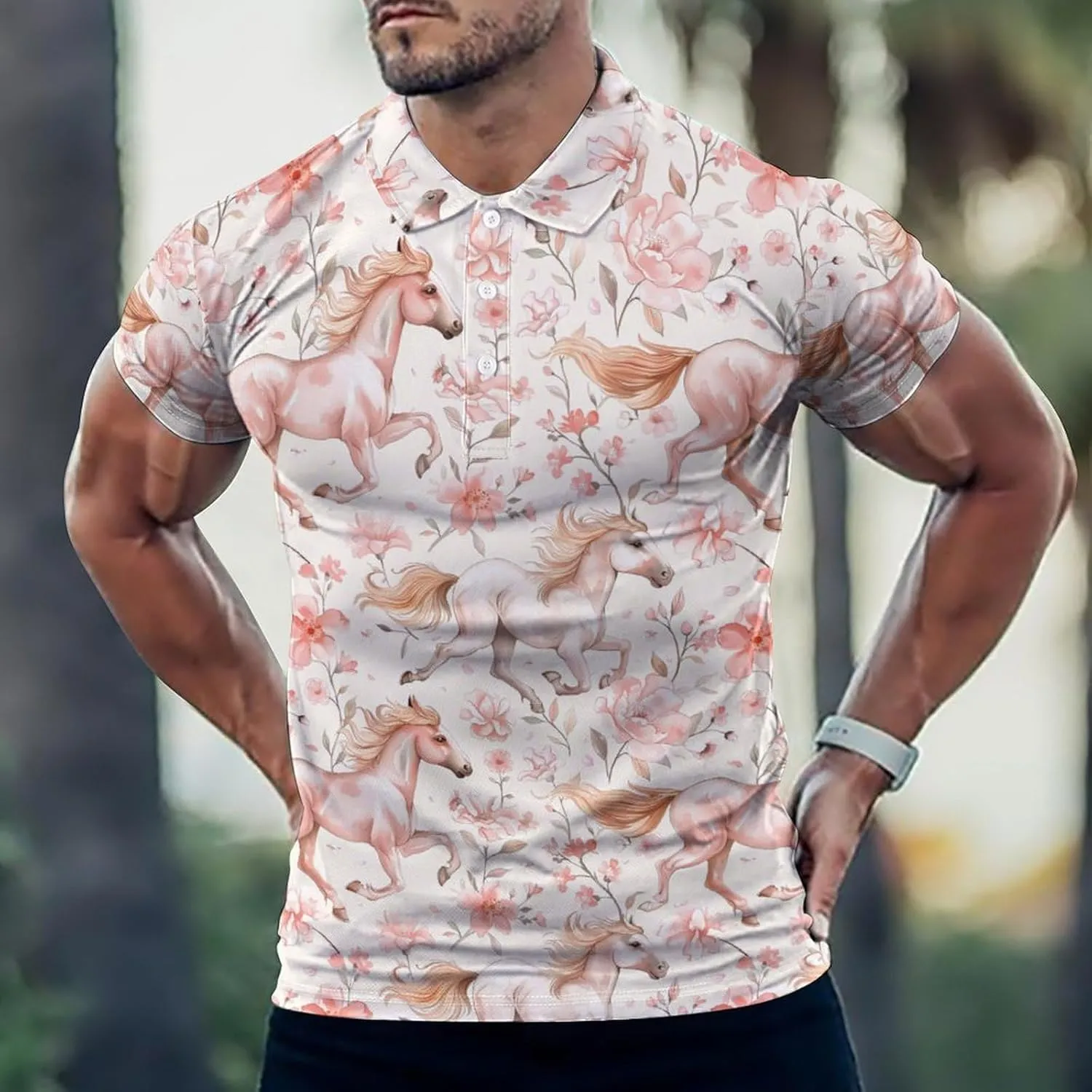 Horses and Flowers Mens Polo Shirts Quick Dry Short Sleeve Golf Slim Fit T Shirt