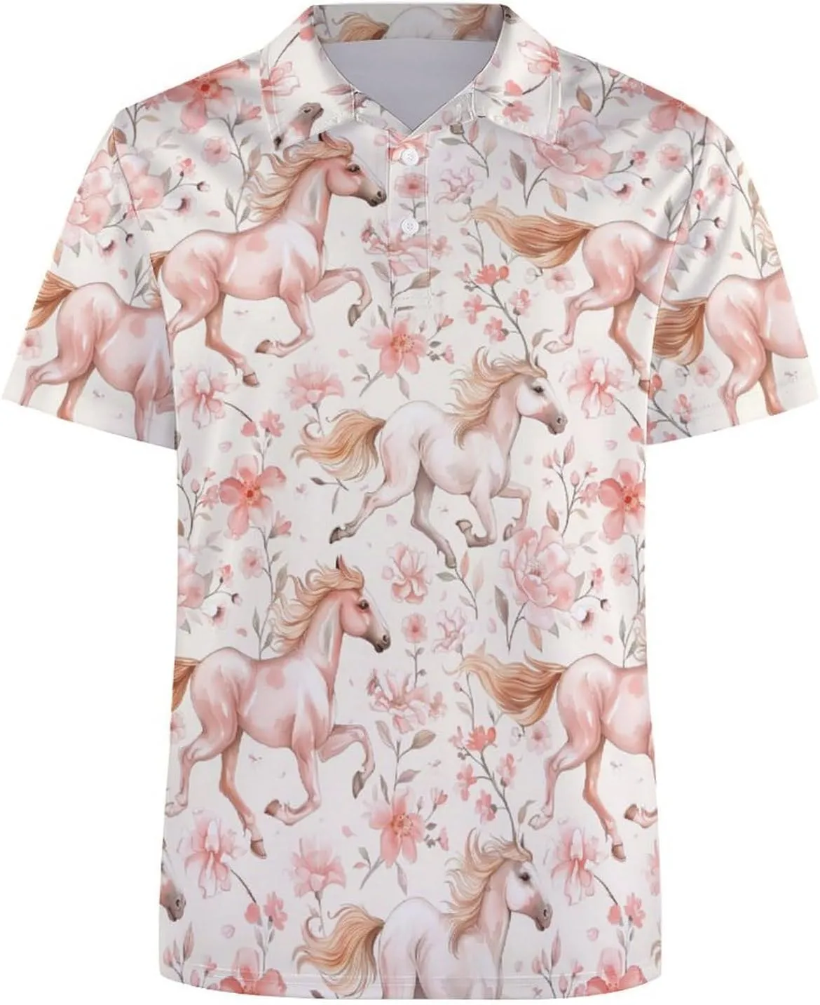 Horses and Flowers Mens Polo Shirts Quick Dry Short Sleeve Golf Slim Fit T Shirt