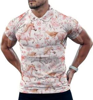 Horses and Flowers Mens Polo Shirts Quick Dry Short Sleeve Golf Slim Fit T Shirt