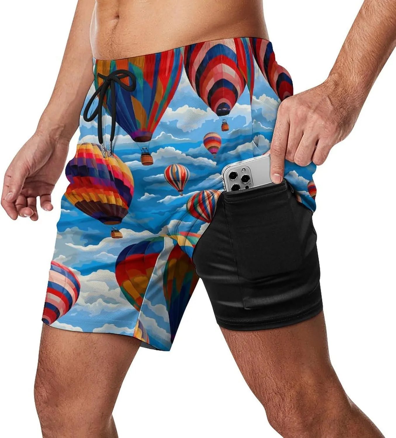 Hot Air Balloons Men's Swim Trunks with Compression Liner Beach Swimming Shorts with Drawstring and Pockets