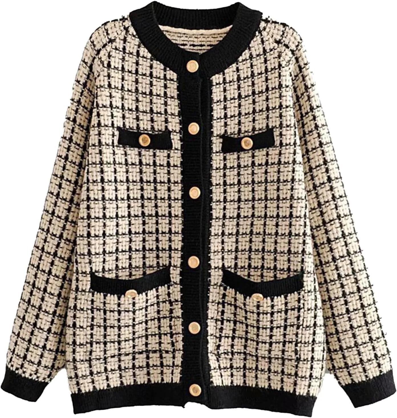 HOULENGS Women's Vintage Plaid Crew Neck Cardigan Sweater Long Sleeve Button Down Knitted Sweater Outwear
