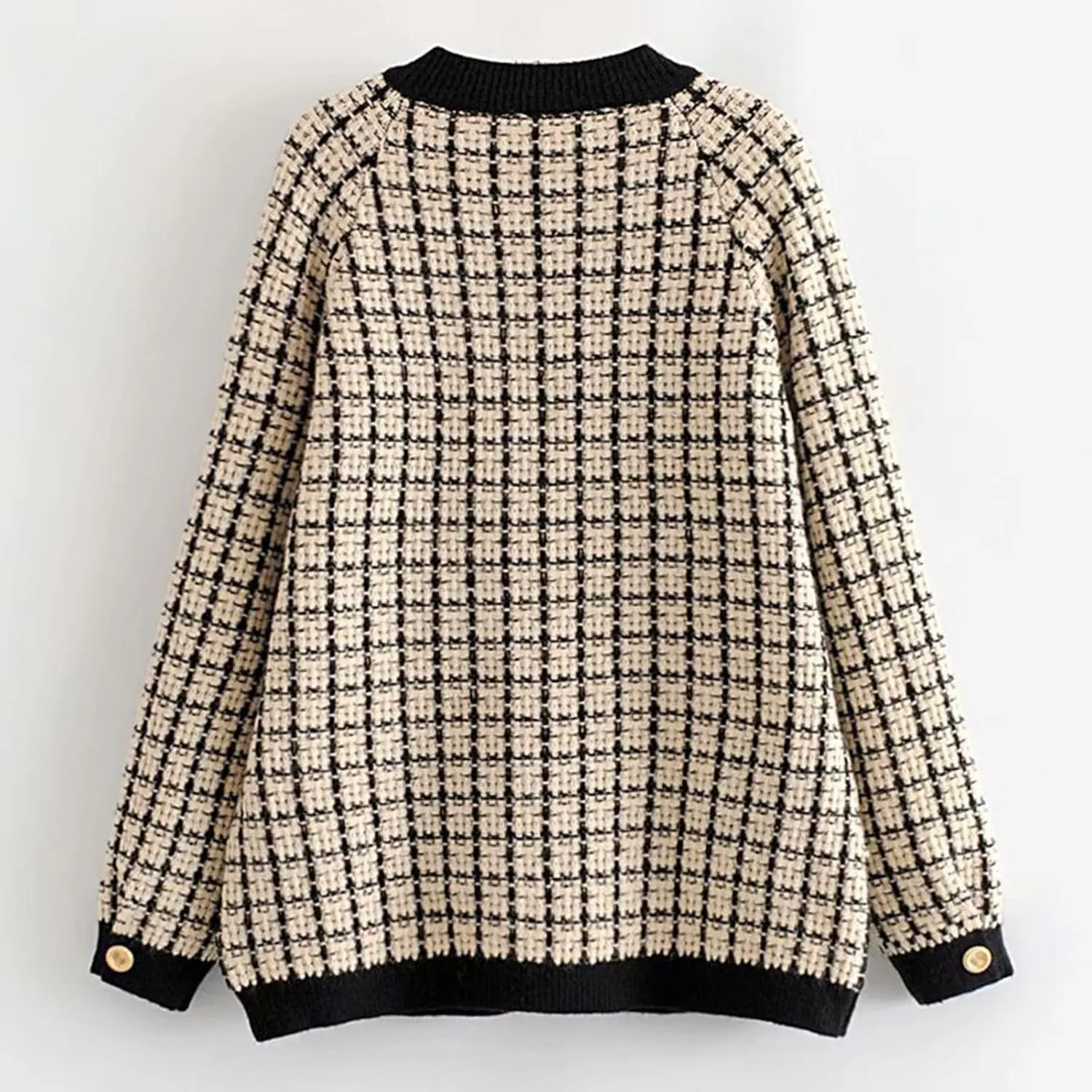 HOULENGS Women's Vintage Plaid Crew Neck Cardigan Sweater Long Sleeve Button Down Knitted Sweater Outwear