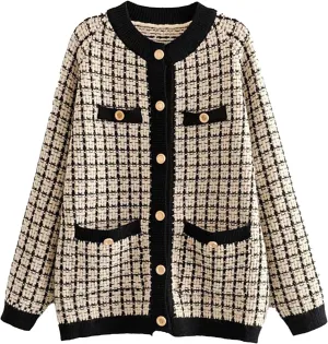 HOULENGS Women's Vintage Plaid Crew Neck Cardigan Sweater Long Sleeve Button Down Knitted Sweater Outwear