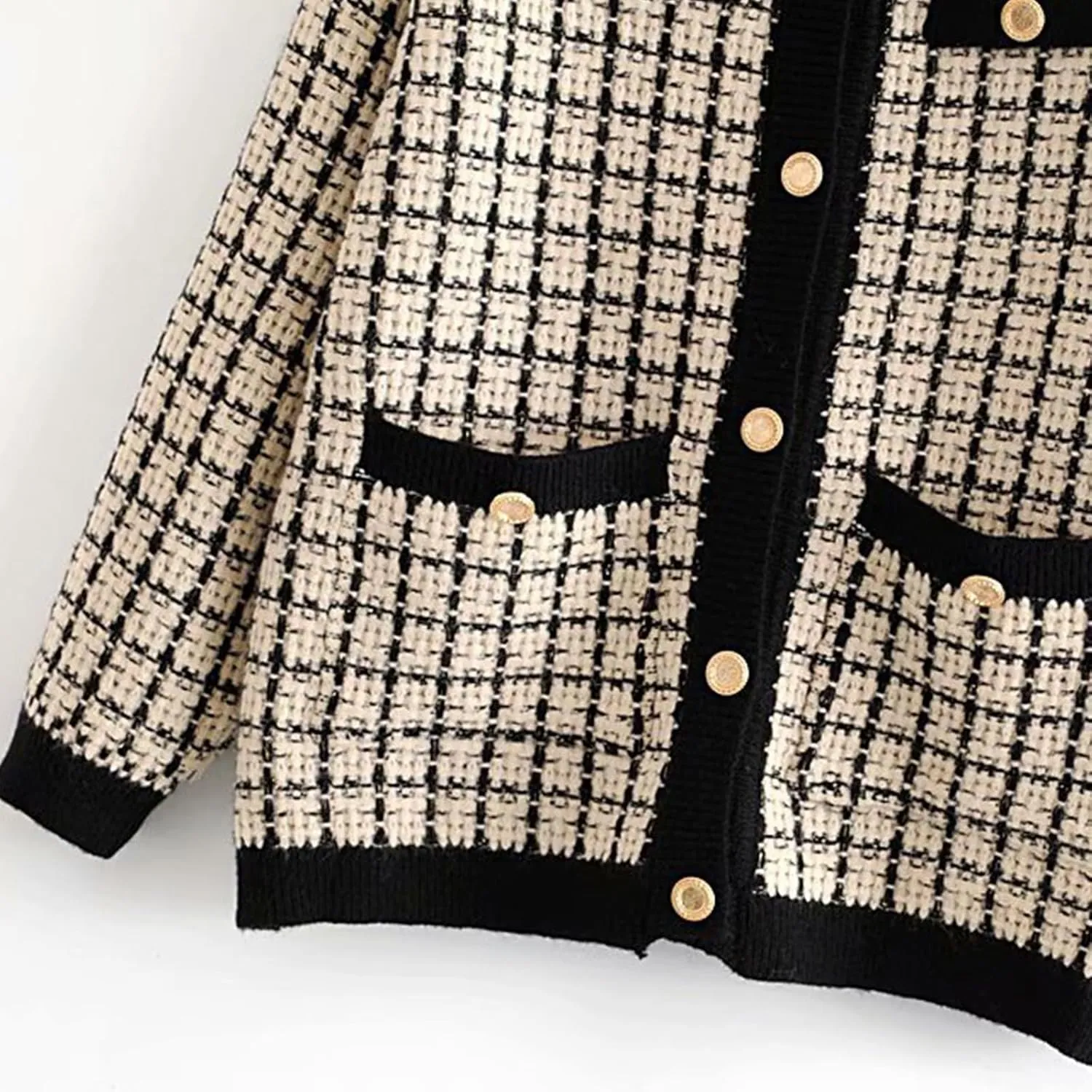 HOULENGS Women's Vintage Plaid Crew Neck Cardigan Sweater Long Sleeve Button Down Knitted Sweater Outwear
