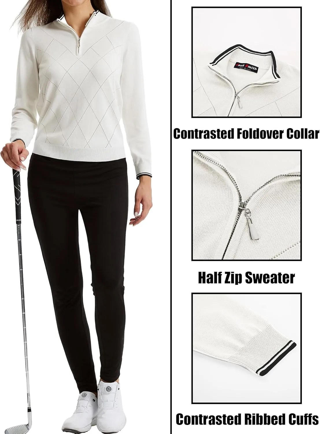 JACK SMITH Pullover Sweaters for Women Long Sleeve Argyle Quarter Zipper Collar Polo Sweater Ribbed Knit Golf Tops