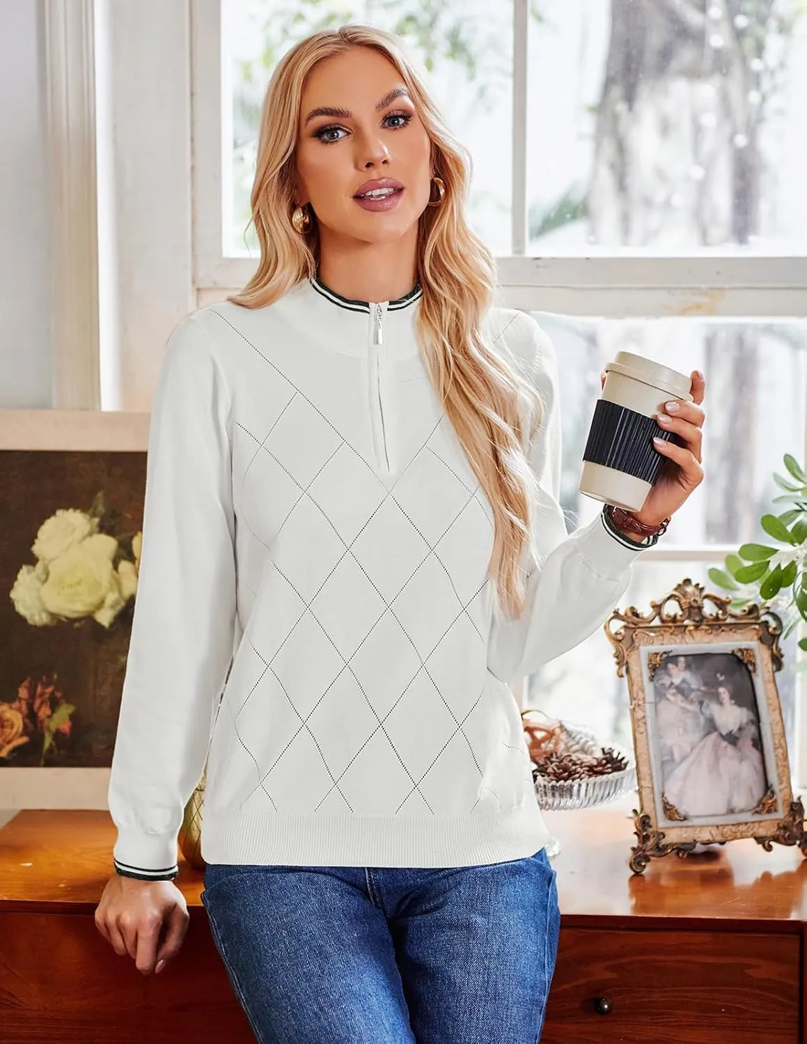 JACK SMITH Pullover Sweaters for Women Long Sleeve Argyle Quarter Zipper Collar Polo Sweater Ribbed Knit Golf Tops