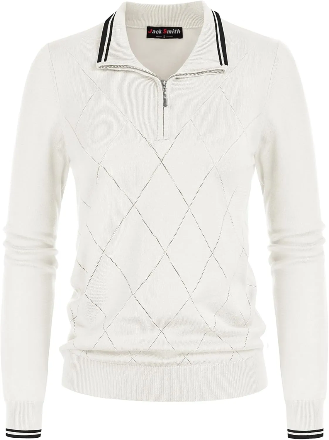 JACK SMITH Pullover Sweaters for Women Long Sleeve Argyle Quarter Zipper Collar Polo Sweater Ribbed Knit Golf Tops