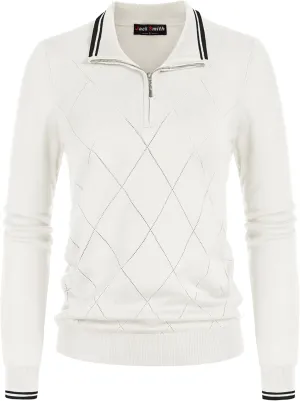 JACK SMITH Pullover Sweaters for Women Long Sleeve Argyle Quarter Zipper Collar Polo Sweater Ribbed Knit Golf Tops