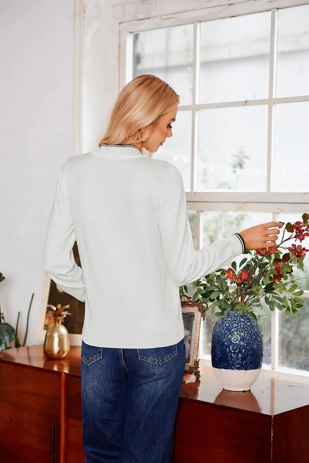 JACK SMITH Pullover Sweaters for Women Long Sleeve Argyle Quarter Zipper Collar Polo Sweater Ribbed Knit Golf Tops
