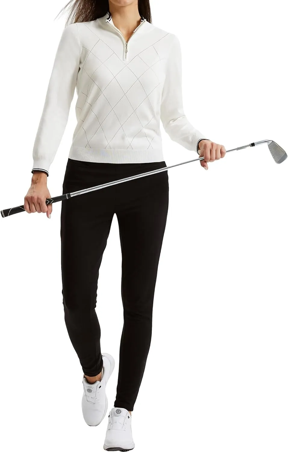 JACK SMITH Pullover Sweaters for Women Long Sleeve Argyle Quarter Zipper Collar Polo Sweater Ribbed Knit Golf Tops