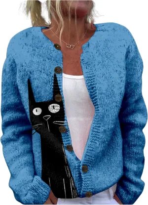 Japanese Print Sweater for Women Crane Graphic Chunky Cardigan Plus Size Button Up Knitted 2024 Winter Sweater