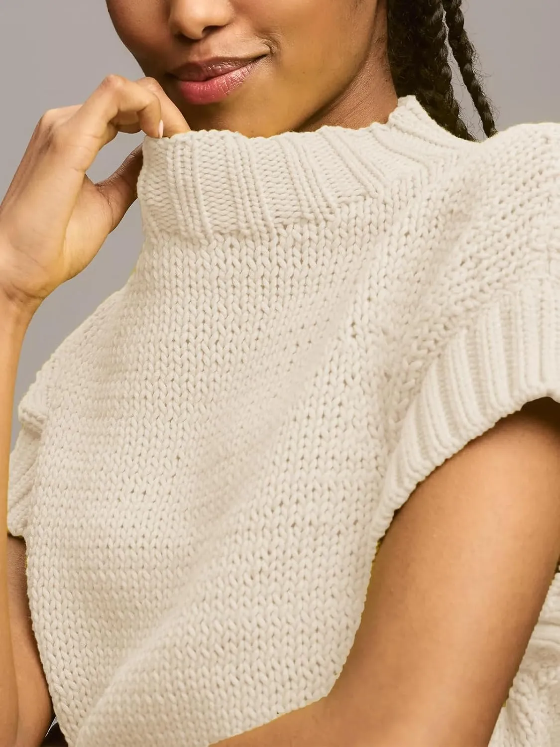 Jenkoon Women's Ultra Soft Fashion Sweater Vest Mock-Neck Extended Shoulder Sweater Vest Cap Sleeve Knit Pullover