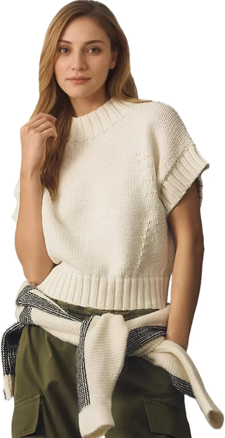 Jenkoon Women's Ultra Soft Fashion Sweater Vest Mock-Neck Extended Shoulder Sweater Vest Cap Sleeve Knit Pullover