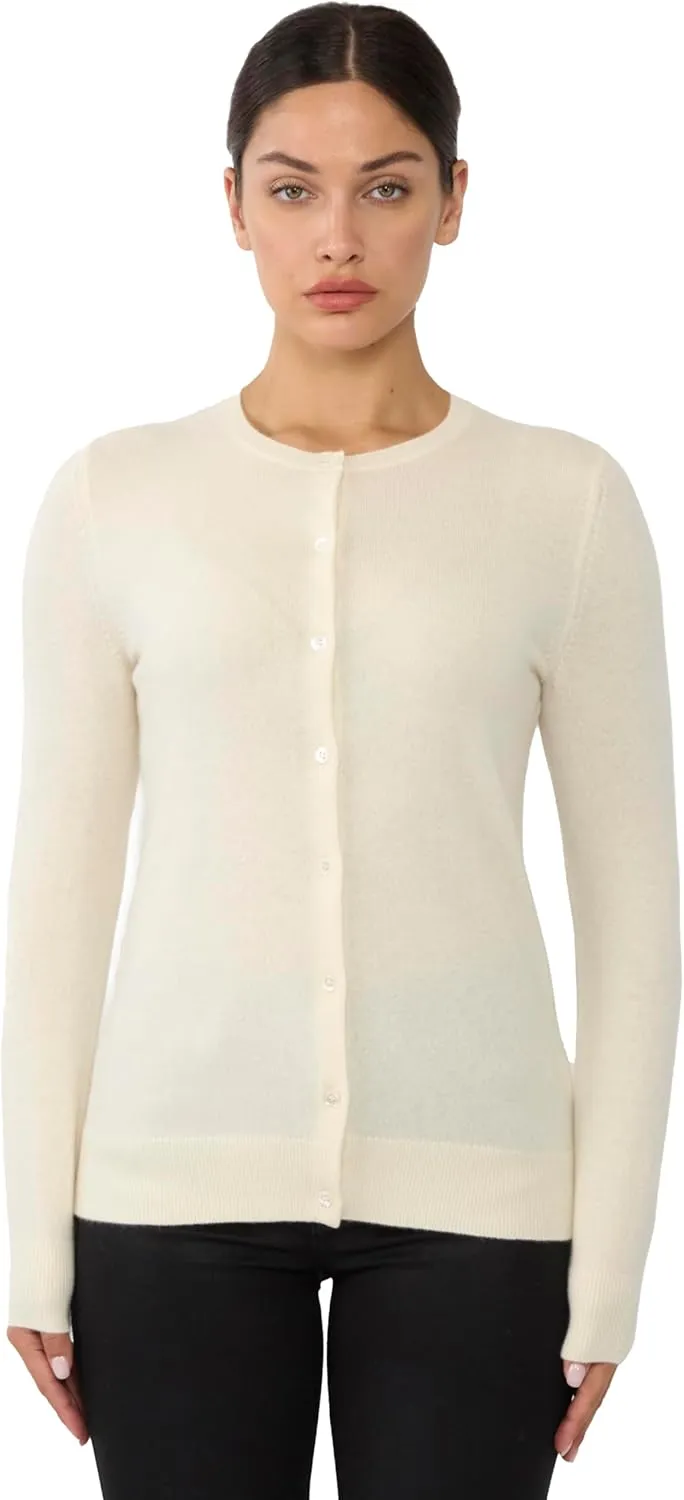 JENNIE LIU Women's 100% Cashmere Button Front Long Sleeve Crewneck Cardigan Sweater