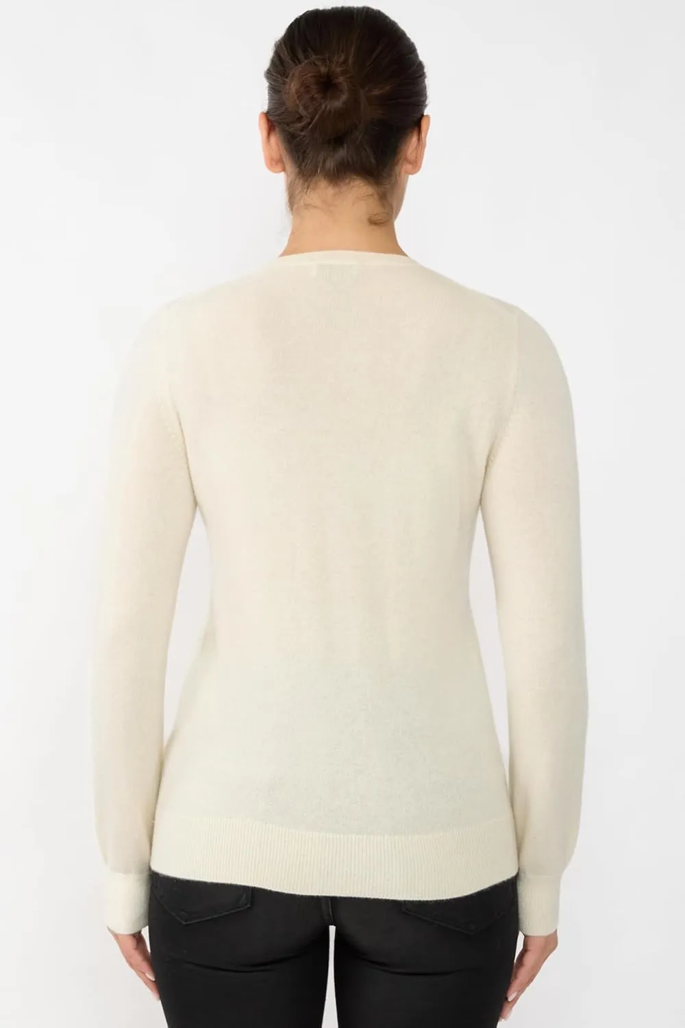 JENNIE LIU Women's 100% Cashmere Button Front Long Sleeve Crewneck Cardigan Sweater