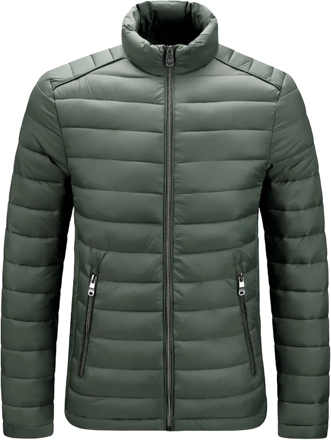 JEShifangjiusu Men Winter Cotton Padded Jacket Casual Stand Collar Hoodless Zipper Pocket Coat Thicken Long Sleeve Coats, Army Green, Large