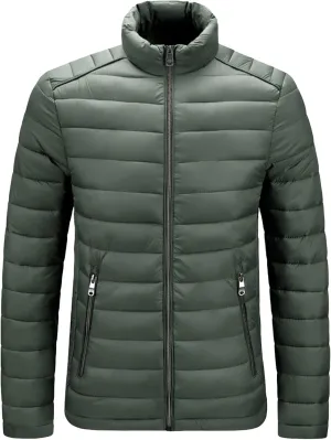 JEShifangjiusu Men Winter Cotton Padded Jacket Casual Stand Collar Hoodless Zipper Pocket Coat Thicken Long Sleeve Coats, Army Green, Large