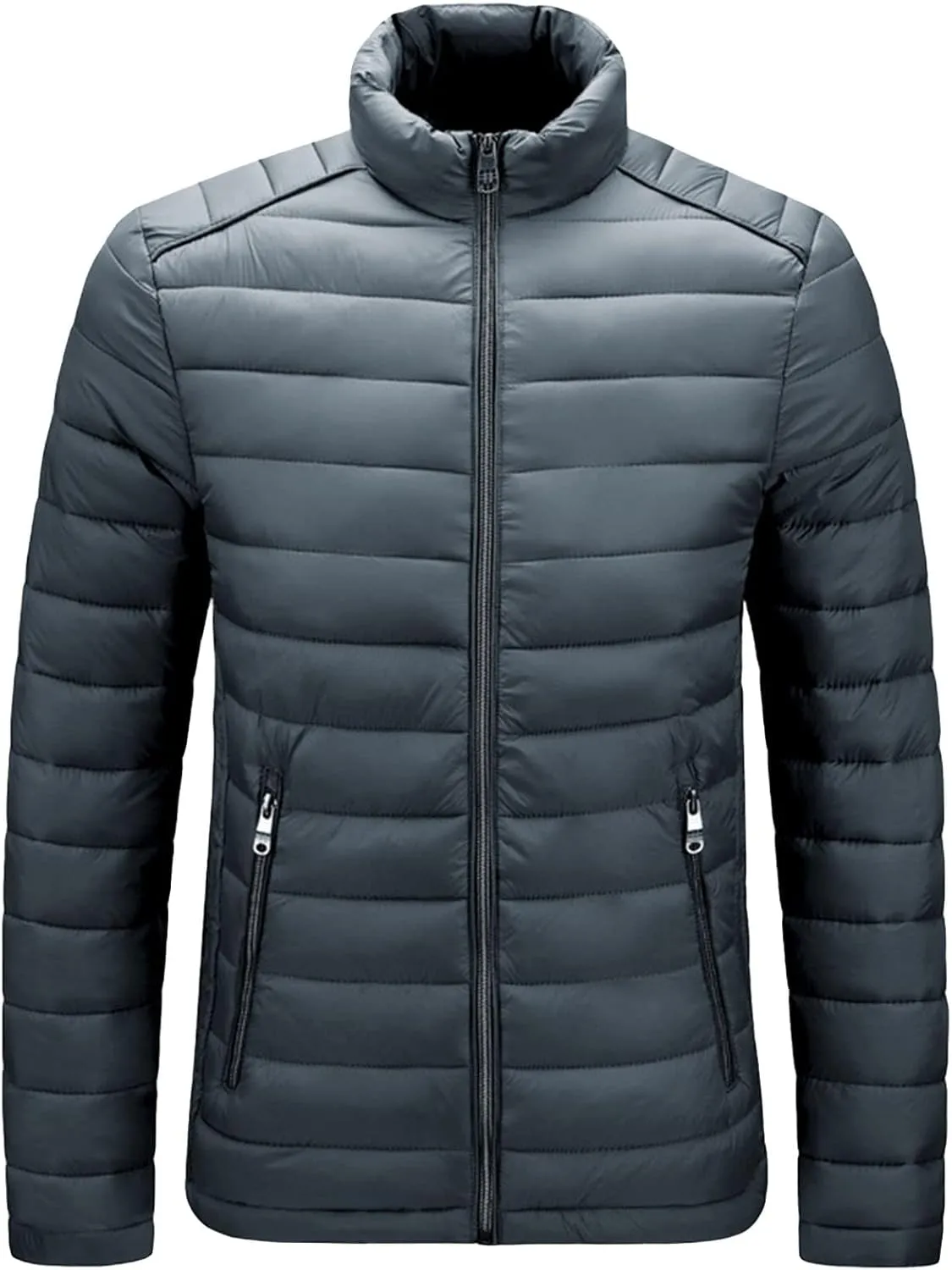 JEShifangjiusu Men Winter Cotton Padded Jacket Casual Stand Collar Hoodless Zipper Pocket Coat Thicken Long Sleeve Coats, Grey, 3X-Large