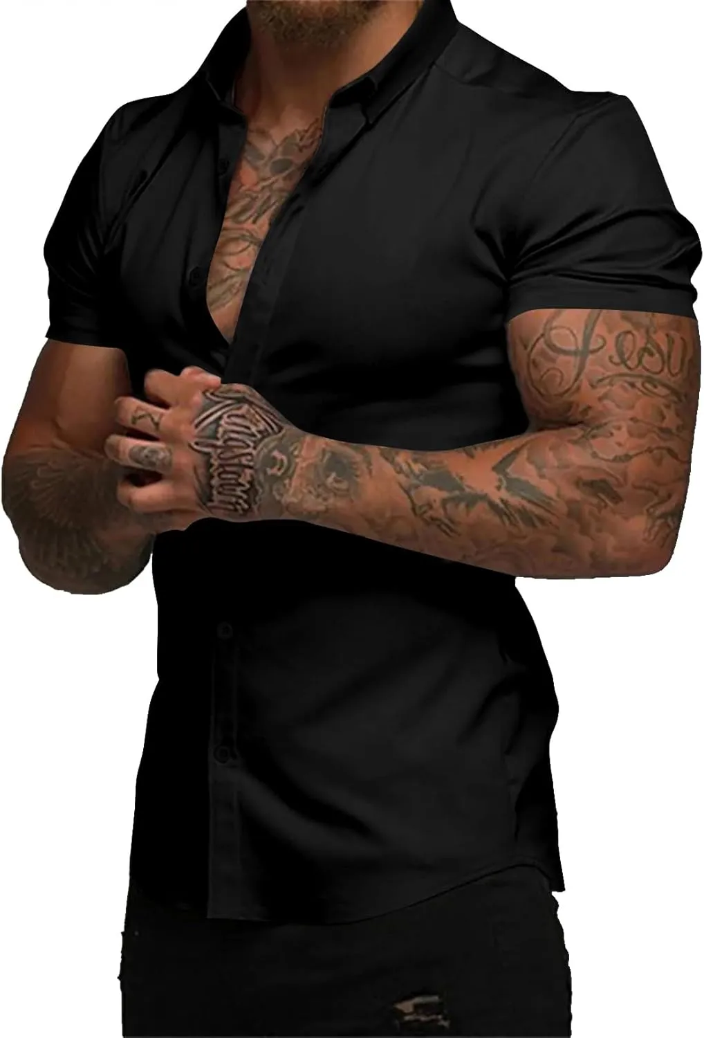 JMIERR Men's Muscle Fit Dress Shirts Summer Casual Button Down Short Sleeve High Stretch Wrinkle-Free Shirt