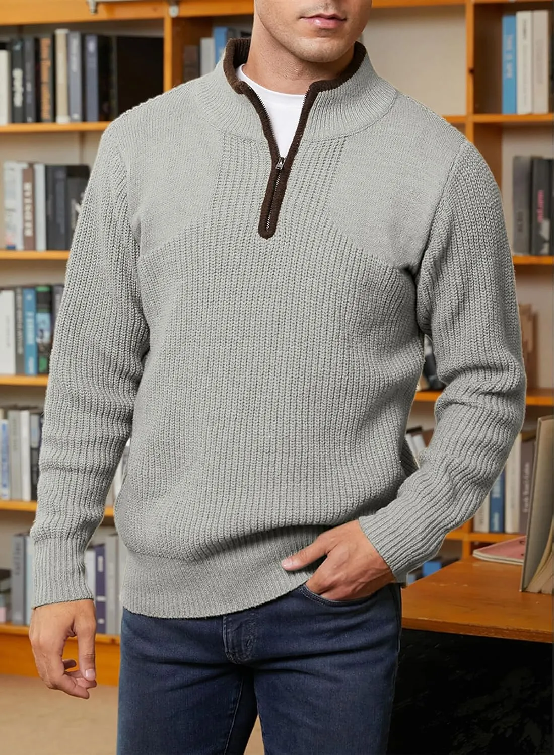 JMIERR Mens Quarter Zip Sweater Lightweight Mock Neck Casual Long Sleeve Knitted Solid Pullover Sweaters