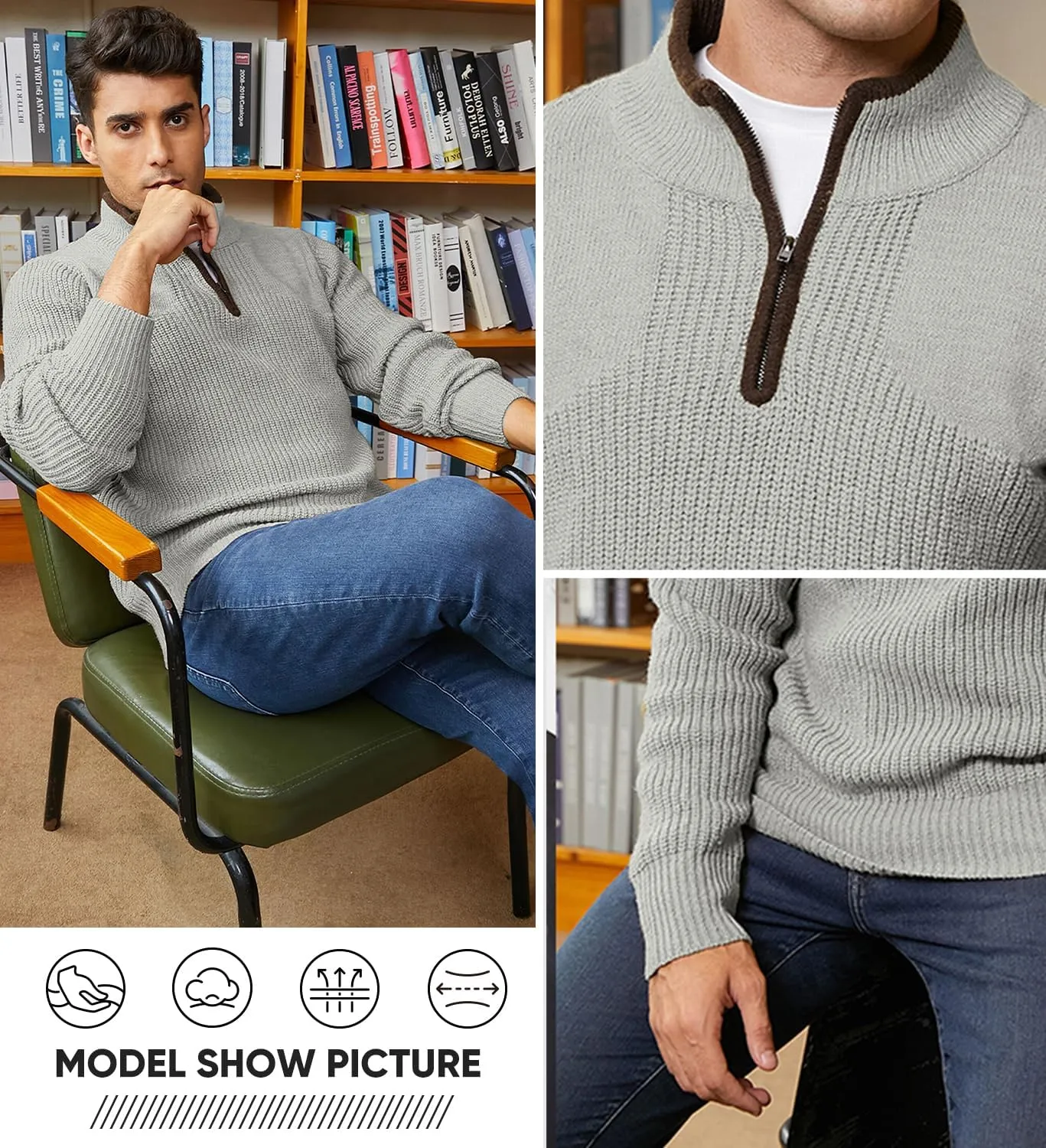 JMIERR Mens Quarter Zip Sweater Lightweight Mock Neck Casual Long Sleeve Knitted Solid Pullover Sweaters