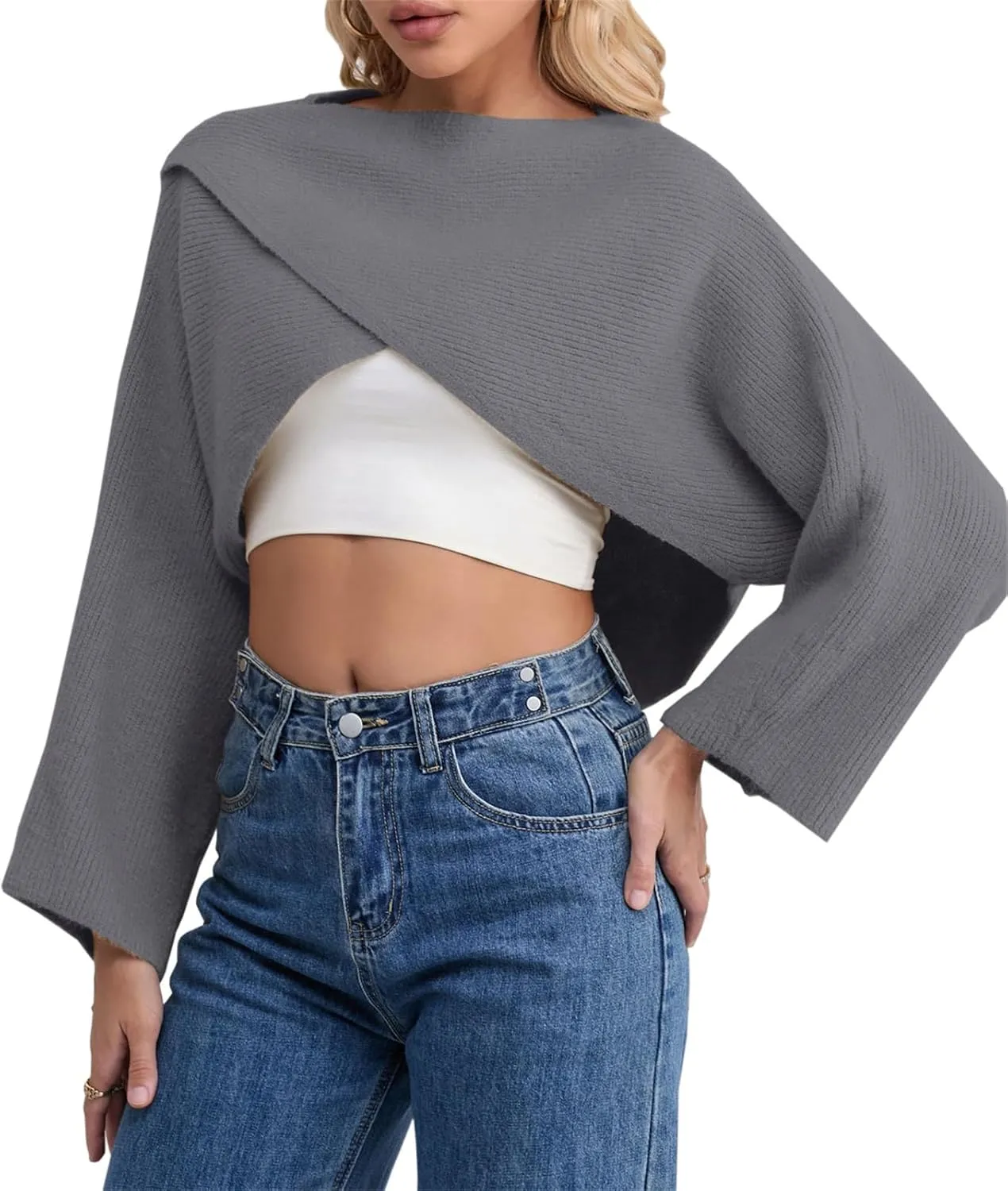 Joe Wenko Women's Boat Neck Sweater Long Sleeve Cross Wrap Asymmetrical Hem Cropped Pullover Jumper Tops