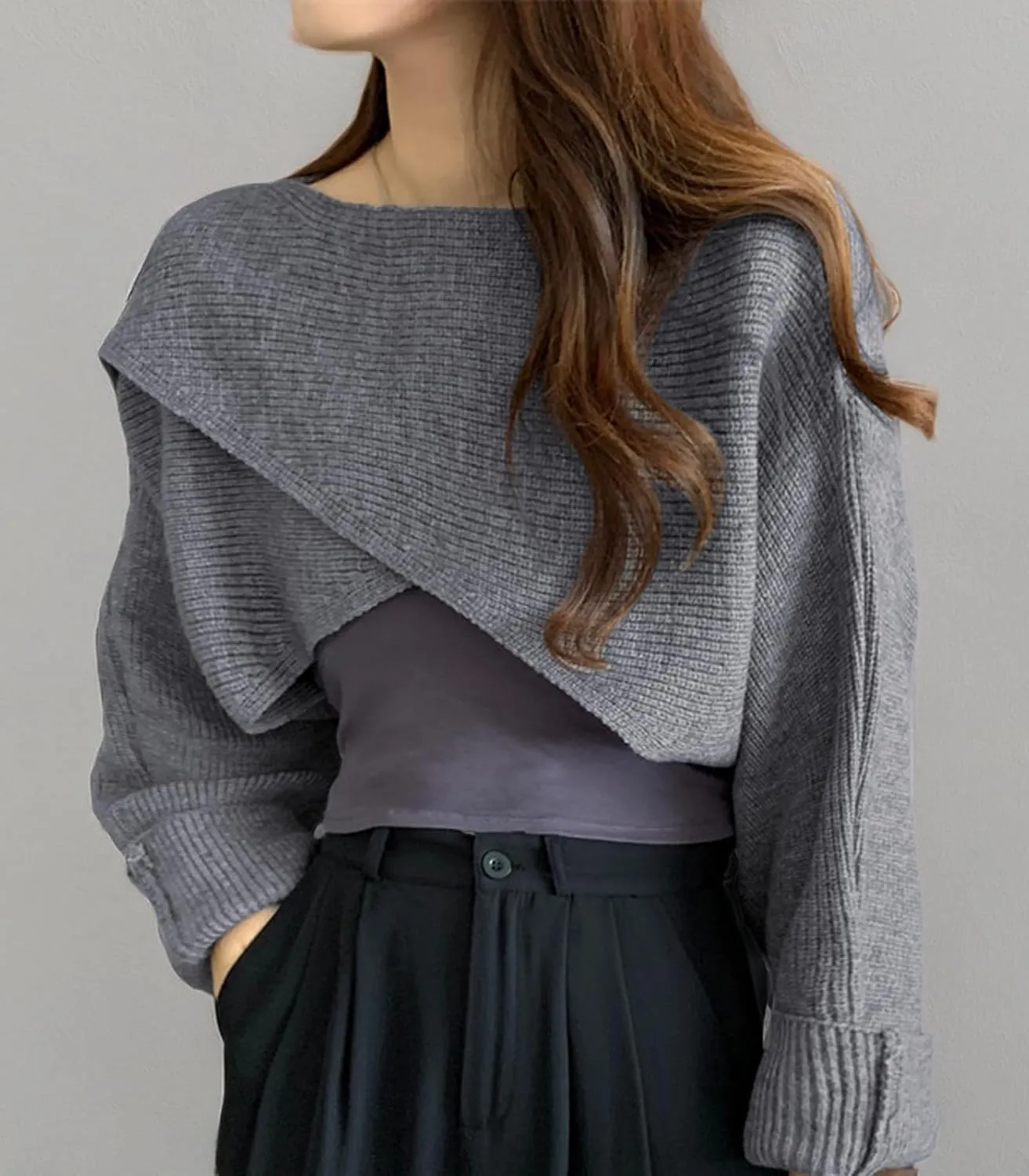 Joe Wenko Women's Boat Neck Sweater Long Sleeve Cross Wrap Asymmetrical Hem Cropped Pullover Jumper Tops