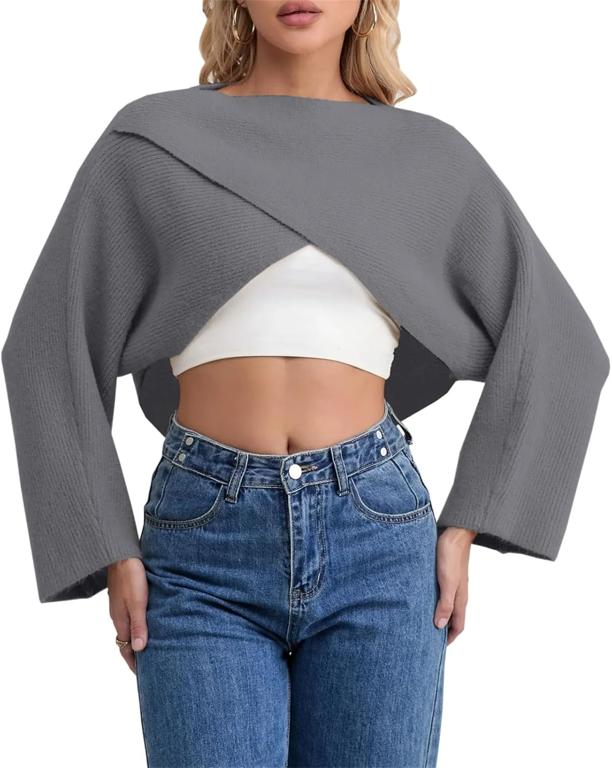 Joe Wenko Women's Boat Neck Sweater Long Sleeve Cross Wrap Asymmetrical Hem Cropped Pullover Jumper Tops