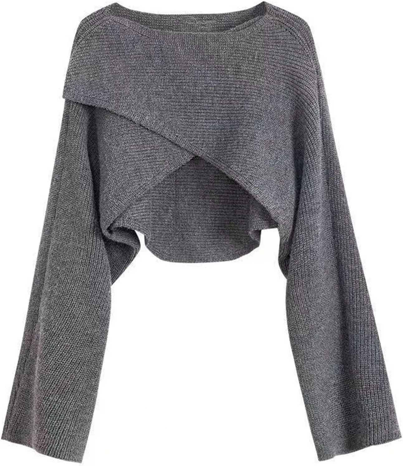 Joe Wenko Women's Boat Neck Sweater Long Sleeve Cross Wrap Asymmetrical Hem Cropped Pullover Jumper Tops
