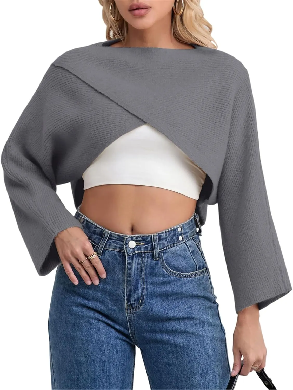 Joe Wenko Women's Boat Neck Sweater Long Sleeve Cross Wrap Asymmetrical Hem Cropped Pullover Jumper Tops
