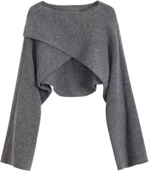 Joe Wenko Women's Boat Neck Sweater Long Sleeve Cross Wrap Asymmetrical Hem Cropped Pullover Jumper Tops