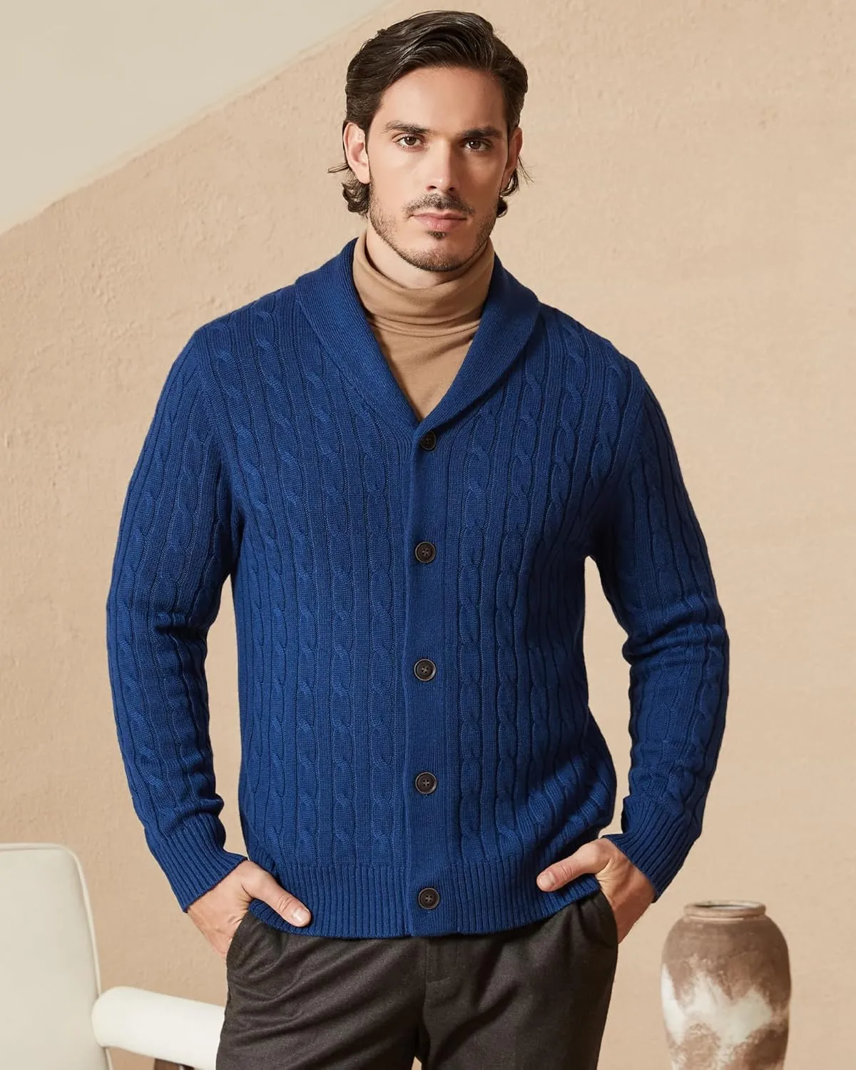 Kallspin Men's Blend Wool Sweater Button Down Long Sleeve Cardigan Cable Knit Shawl Collar Sweater