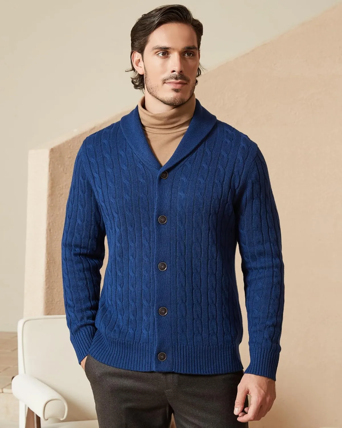 Kallspin Men's Blend Wool Sweater Button Down Long Sleeve Cardigan Cable Knit Shawl Collar Sweater