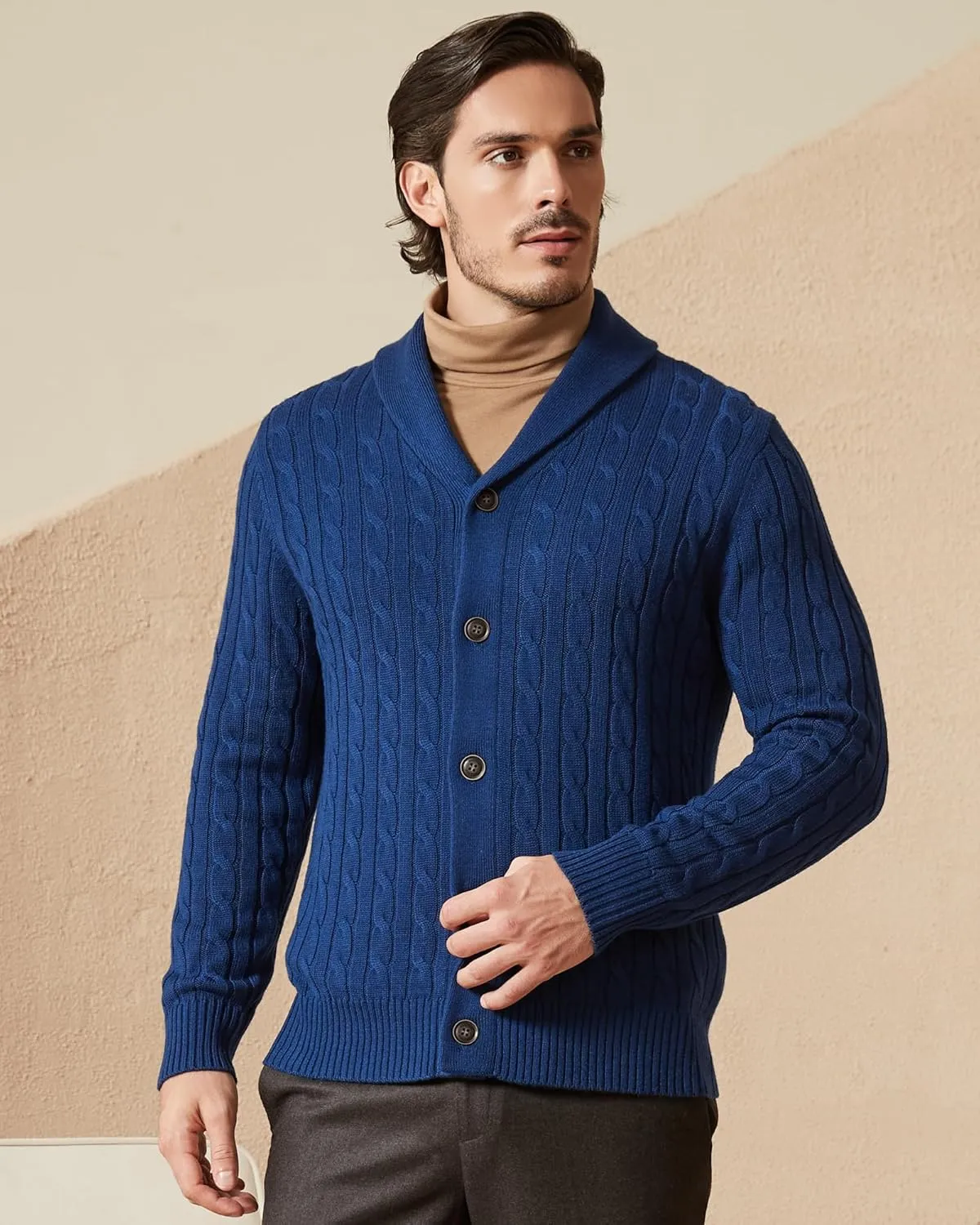 Kallspin Men's Blend Wool Sweater Button Down Long Sleeve Cardigan Cable Knit Shawl Collar Sweater