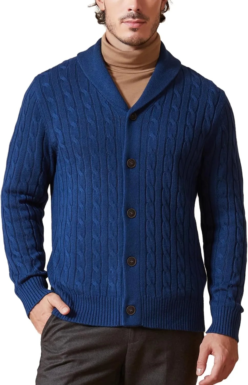 Kallspin Men's Blend Wool Sweater Button Down Long Sleeve Cardigan Cable Knit Shawl Collar Sweater
