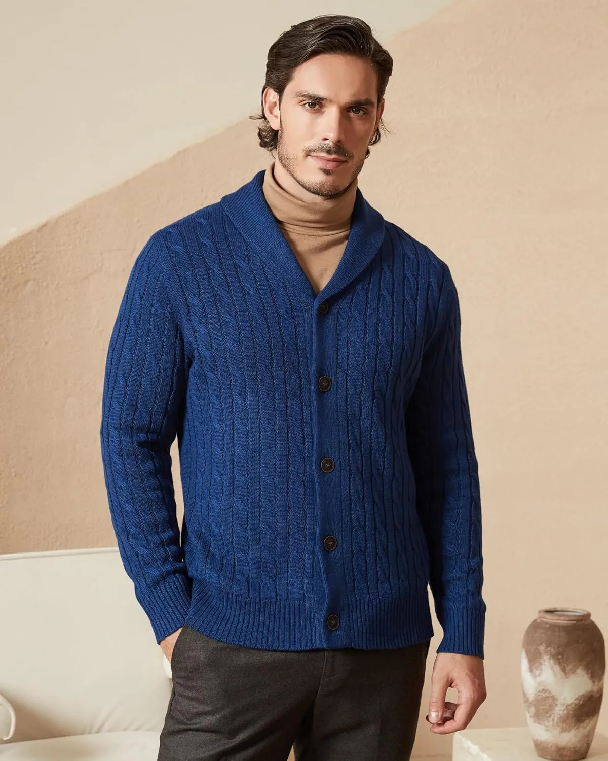 Kallspin Men's Blend Wool Sweater Button Down Long Sleeve Cardigan Cable Knit Shawl Collar Sweater
