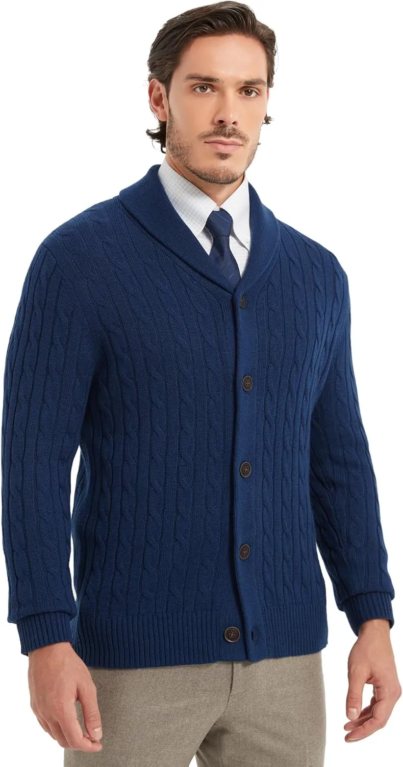 Kallspin Men's Blend Wool Sweater Button Down Long Sleeve Cardigan Cable Knit Shawl Collar Sweater