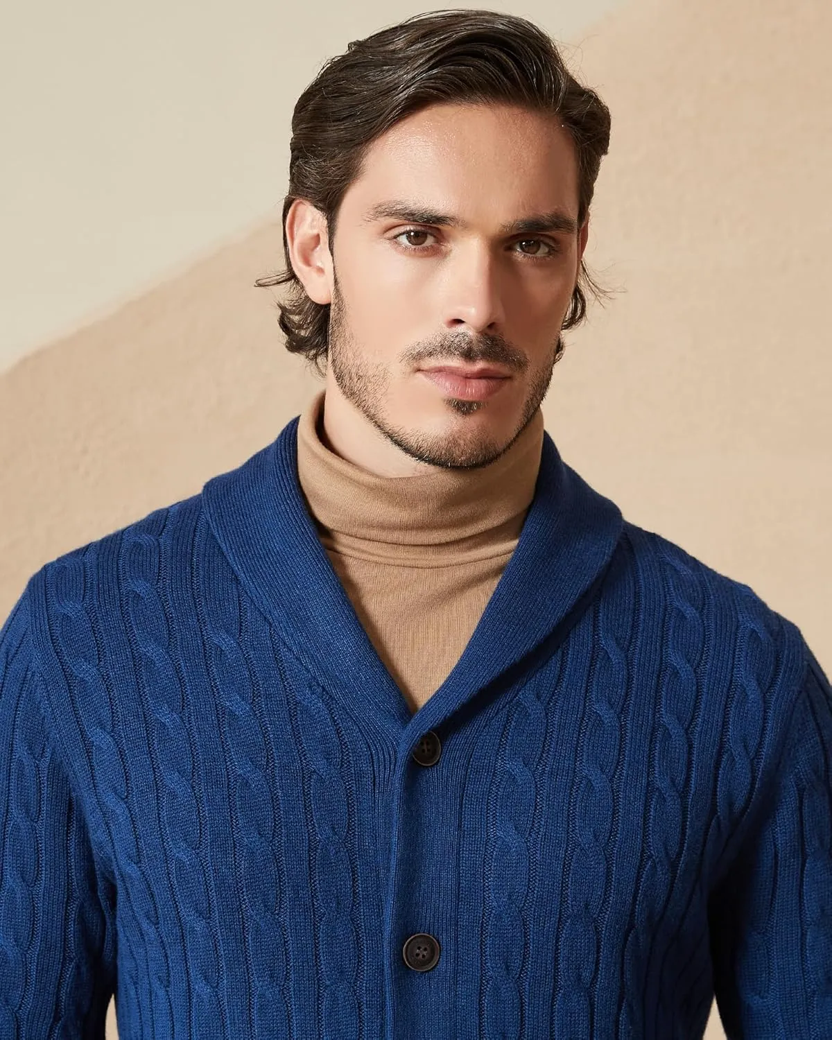 Kallspin Men's Blend Wool Sweater Button Down Long Sleeve Cardigan Cable Knit Shawl Collar Sweater