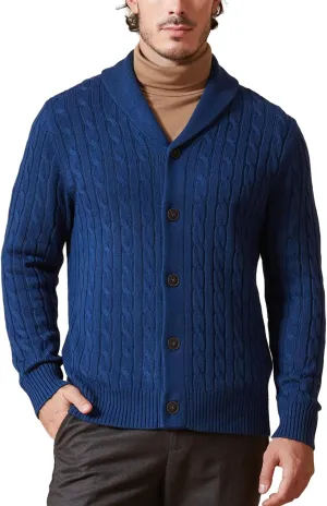 Kallspin Men's Blend Wool Sweater Button Down Long Sleeve Cardigan Cable Knit Shawl Collar Sweater