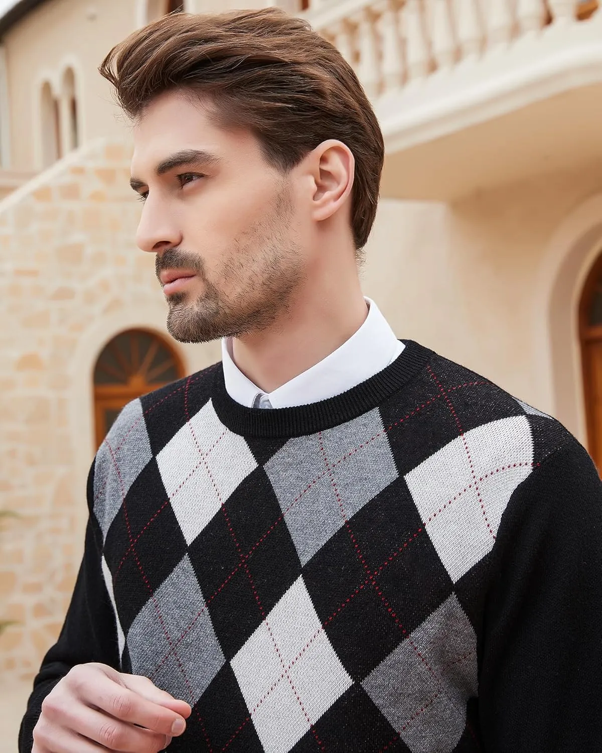 Kallspin Men's Wool Blend Crewneck Sweater Argyle Long Sleeve Pullover Sweater for Casual Or Dressy Wear