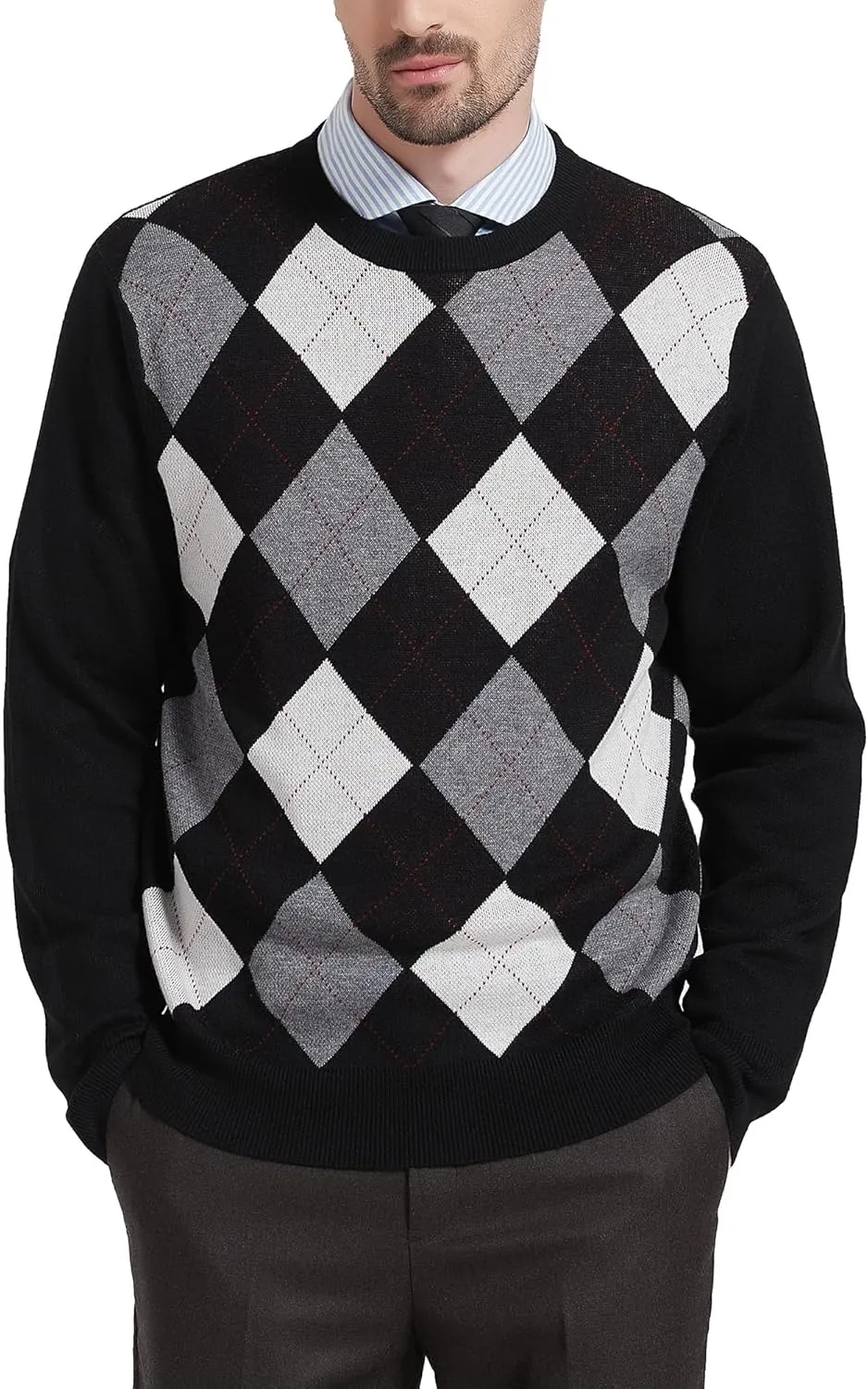 Kallspin Men's Wool Blend Crewneck Sweater Argyle Long Sleeve Pullover Sweater for Casual Or Dressy Wear