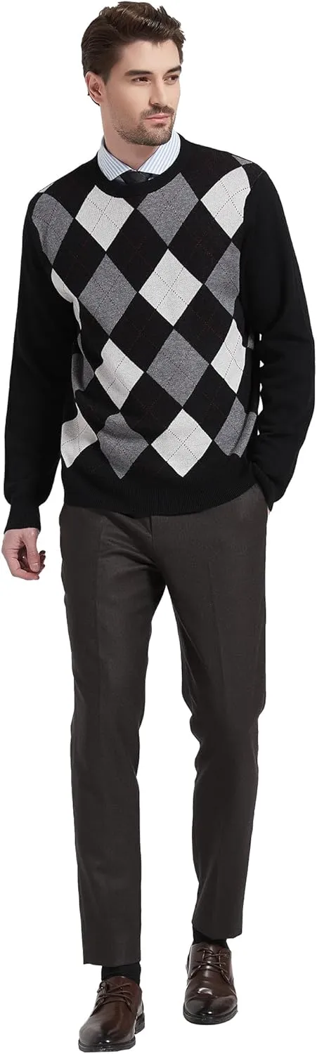 Kallspin Men's Wool Blend Crewneck Sweater Argyle Long Sleeve Pullover Sweater for Casual Or Dressy Wear