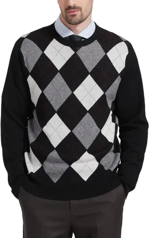 Kallspin Men's Wool Blend Crewneck Sweater Argyle Long Sleeve Pullover Sweater for Casual Or Dressy Wear